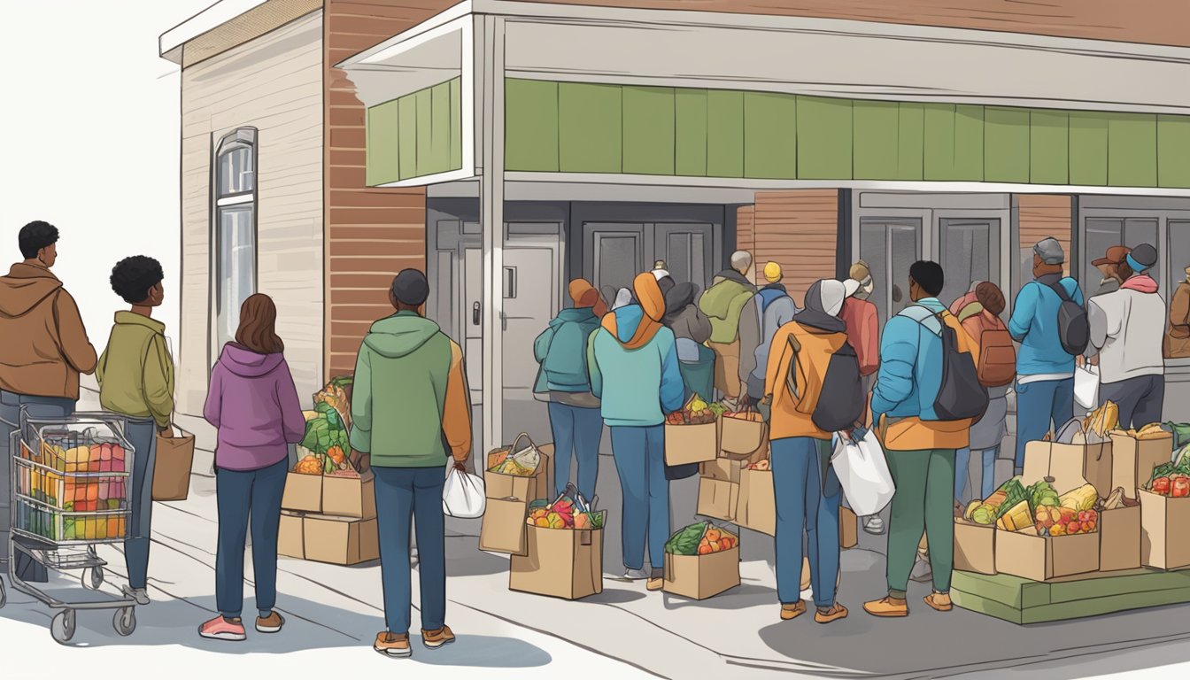 A line of people waiting outside a food pantry, with volunteers handing out bags of groceries