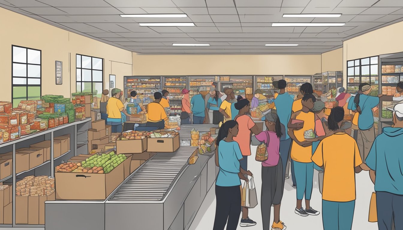 A bustling food pantry in Johnson County, Texas, with volunteers distributing free groceries to families in need