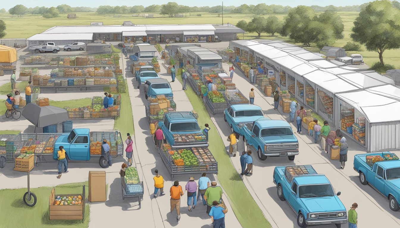 A bustling mobile pantry in Matagorda County, Texas, with cars lined up for free groceries and food assistance