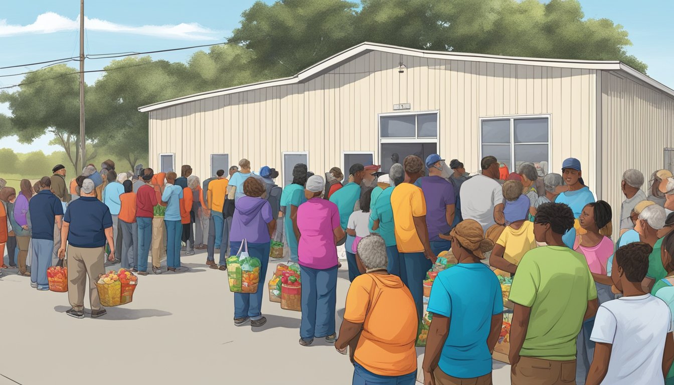 A line of people wait outside a food pantry in Matagorda County, Texas, with volunteers distributing free groceries to those in need