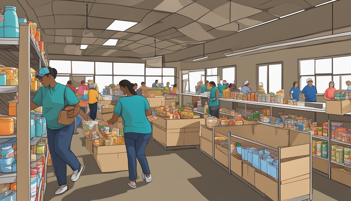 A bustling food pantry in Matagorda County, Texas, with volunteers distributing free groceries to those in need