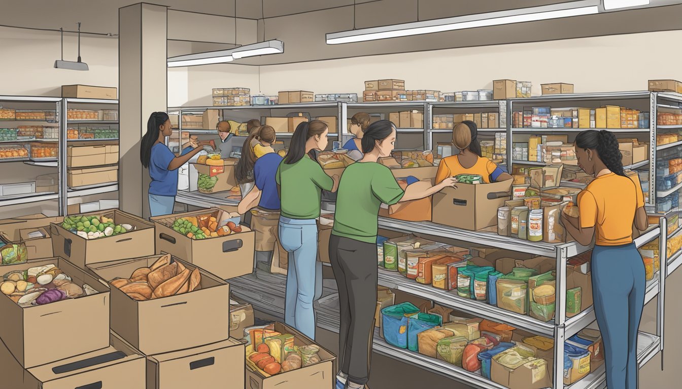 A bustling food pantry in Madison County, Texas, with volunteers distributing free groceries to those in need