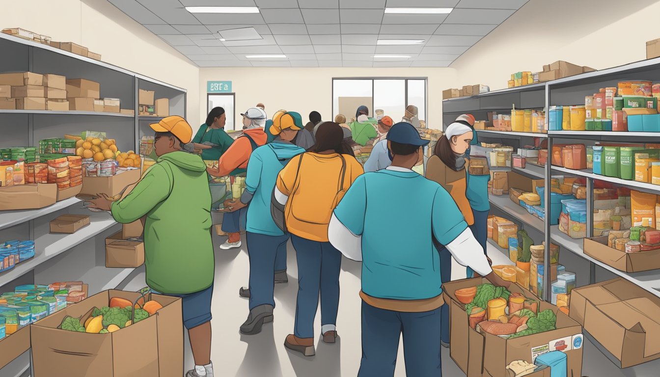 A bustling food pantry in Madison County, Texas, with volunteers distributing free groceries to those in need