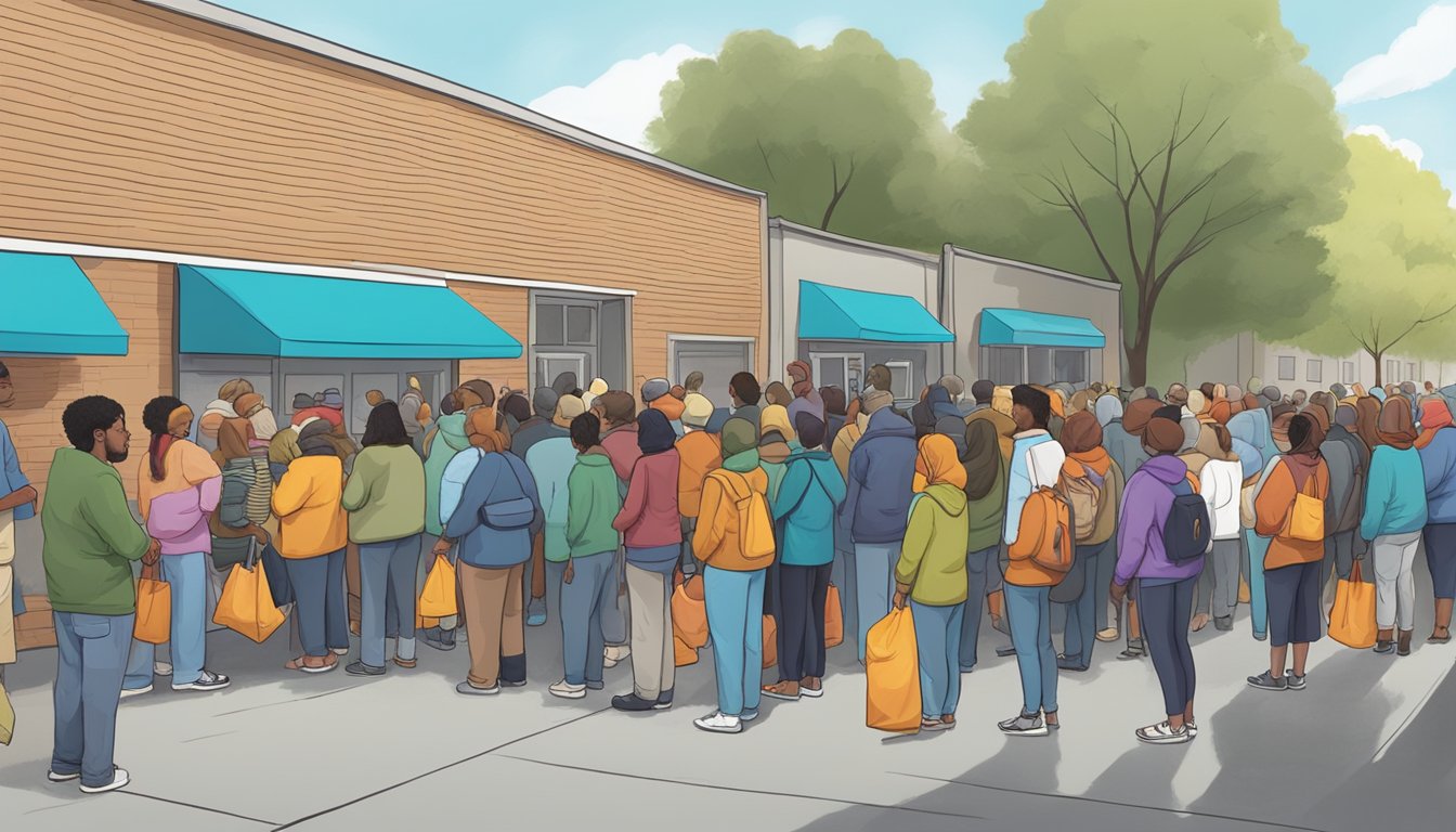 A line of people waiting outside a food pantry, with volunteers handing out groceries and supplies to those in need