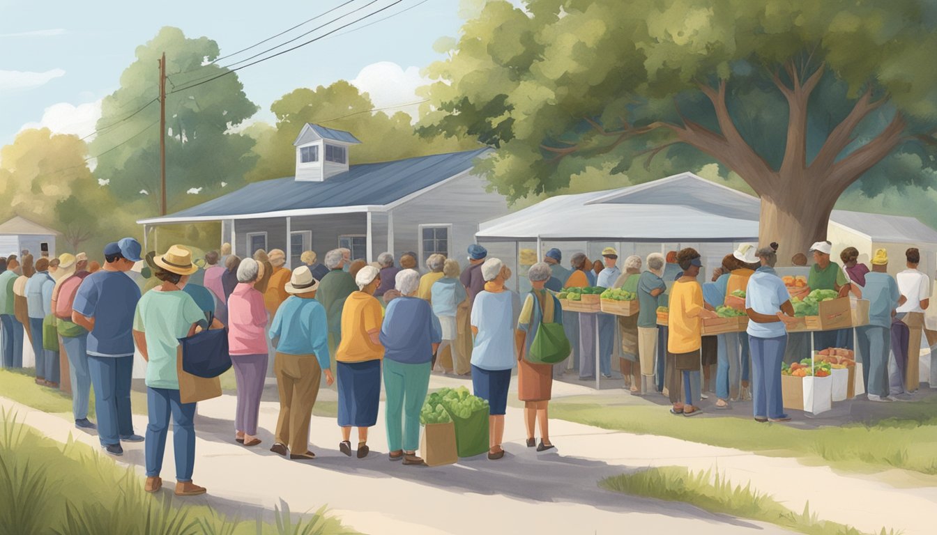 A line of people waits outside a small food pantry in rural Texas, with volunteers handing out bags of groceries and fresh produce