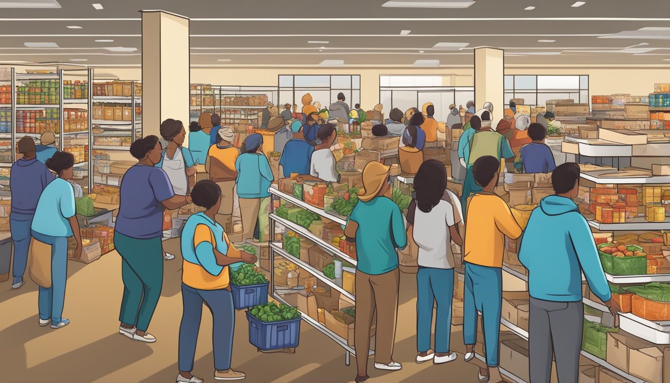 A bustling food pantry in Kaufman County, Texas, filled with shelves of free groceries and volunteers assisting those in need