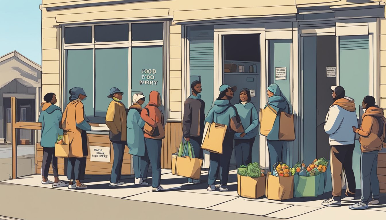 A line of people wait outside a small building with a sign reading "Food Pantry." Volunteers hand out bags of groceries to those in need