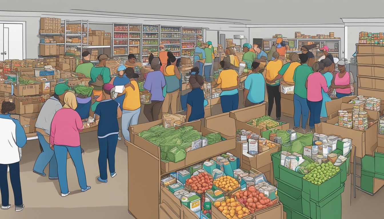 A bustling food pantry in Kaufman County, Texas, with volunteers distributing free groceries to those in need