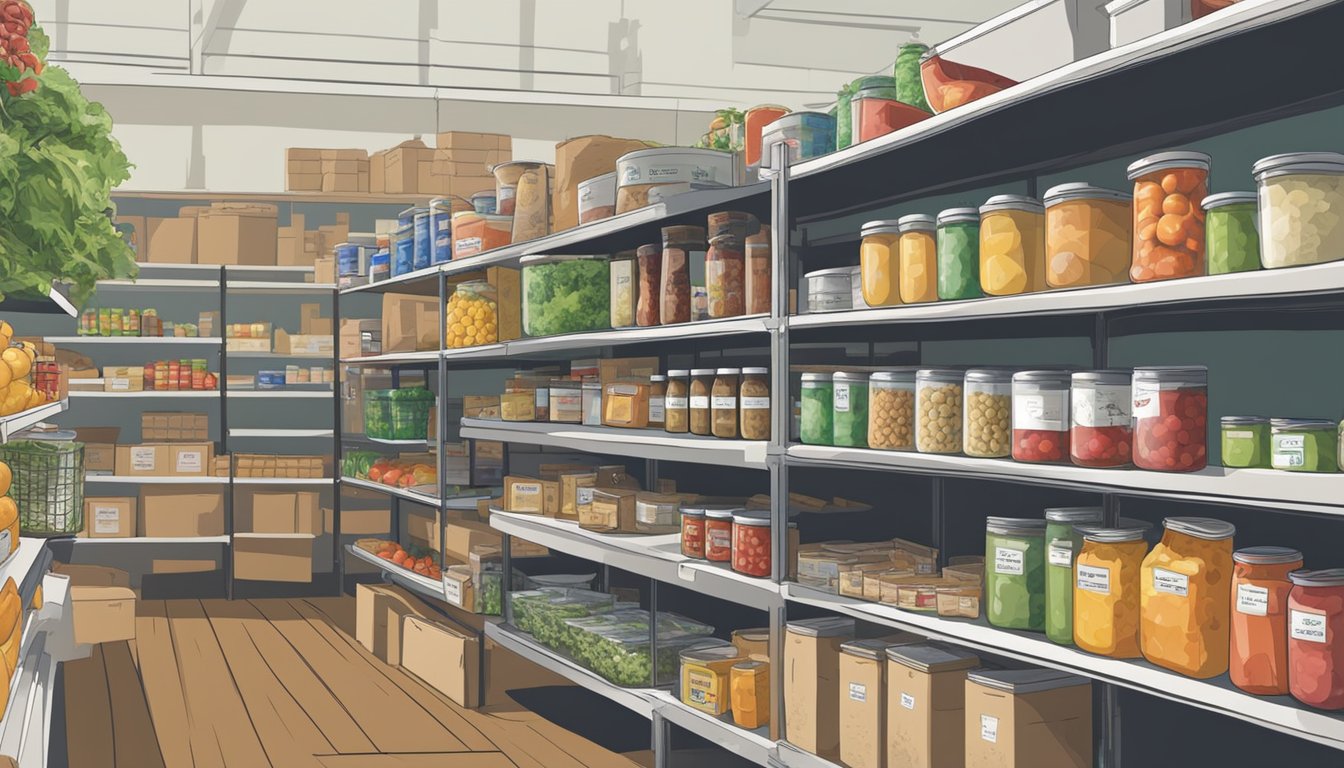 A bustling food pantry in Mason County, Texas, with shelves stocked full of fresh produce, canned goods, and other essential groceries for those in need