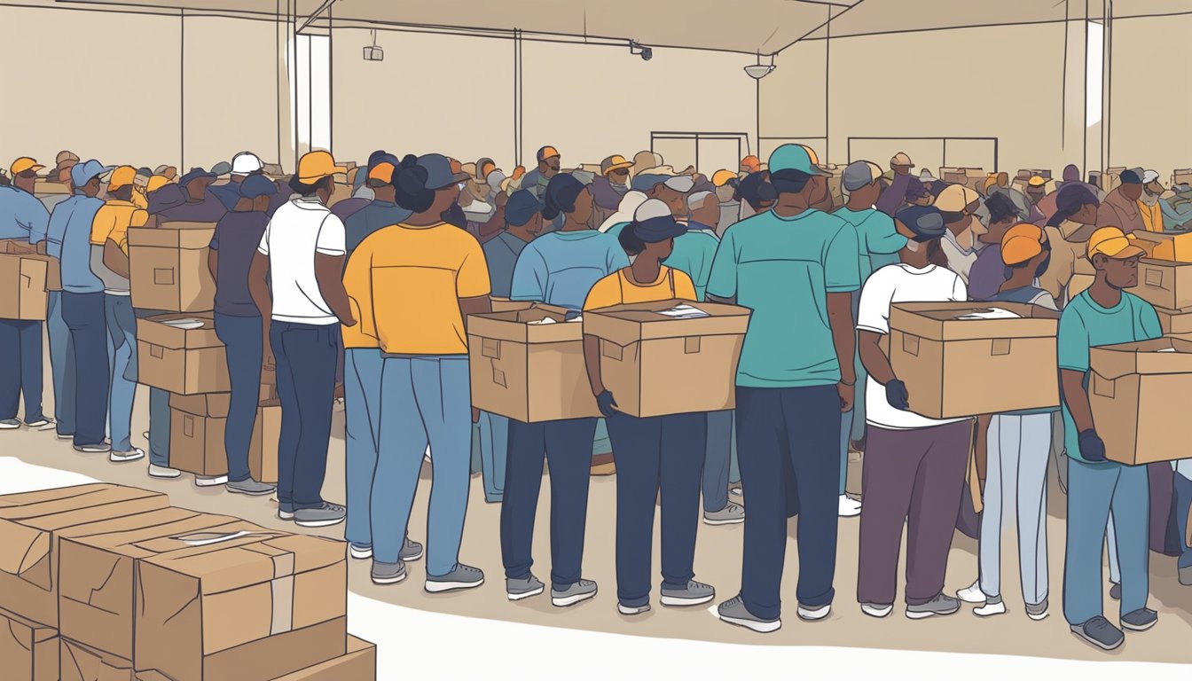 Volunteers pack boxes of groceries at a food distribution center in Mason County, Texas. Recipients line up to receive free food from the pantry