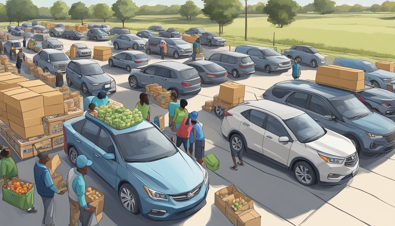 A line of cars waits at a food distribution site in Kaufman County, Texas. Volunteers load free groceries into trunks while others organize food pantry items