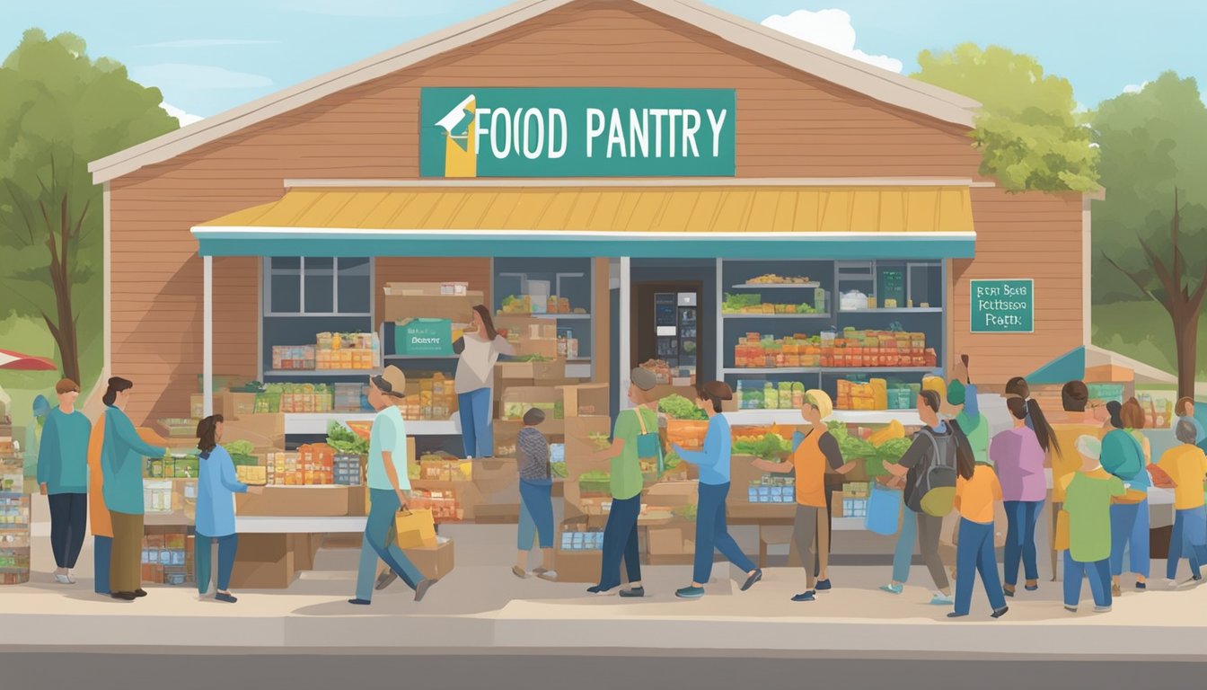 A community food pantry in Mason County, Texas, bustling with volunteers and families receiving free groceries and nutritional support