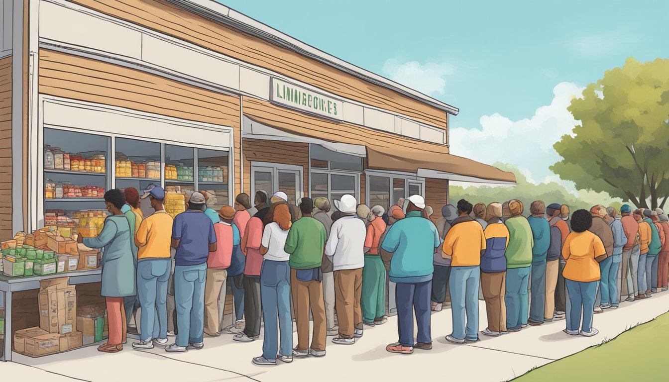 People lining up at a food pantry in Kaufman County, Texas, receiving free groceries and food assistance