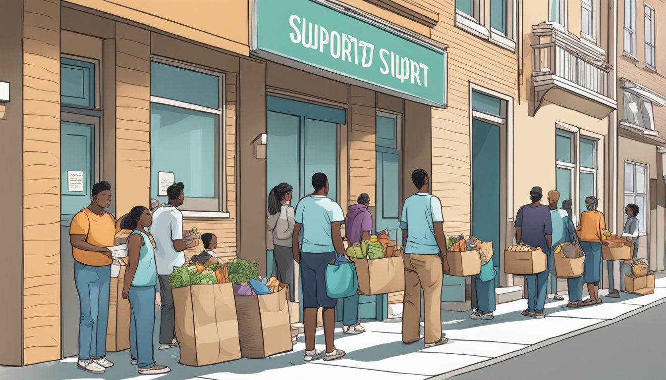 A line of people wait outside a small building with a sign reading "Specialized Support Services." Volunteers hand out bags of groceries and food to those in need