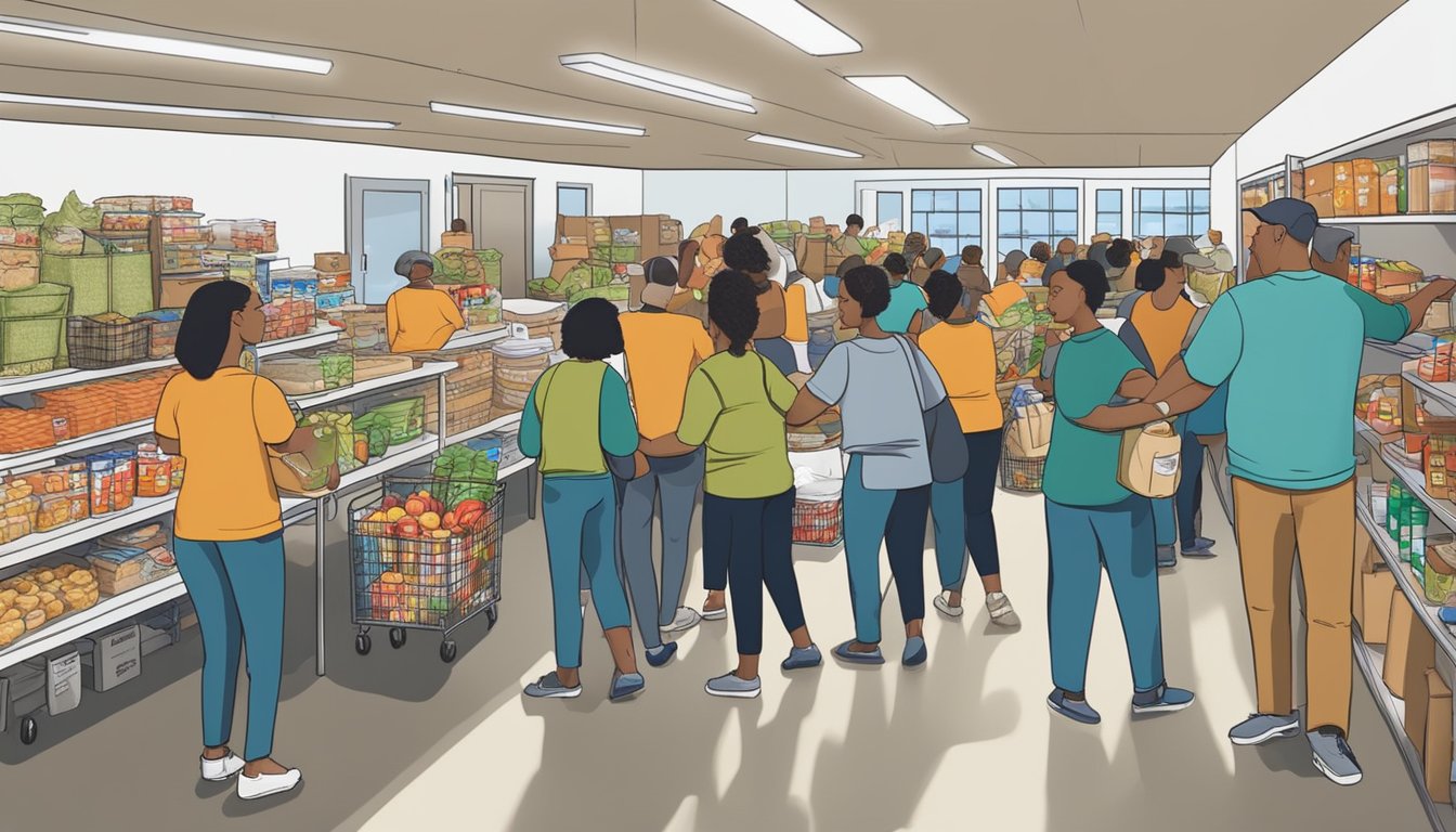 A bustling food pantry in Kaufman County, Texas, with volunteers distributing free groceries to those in need