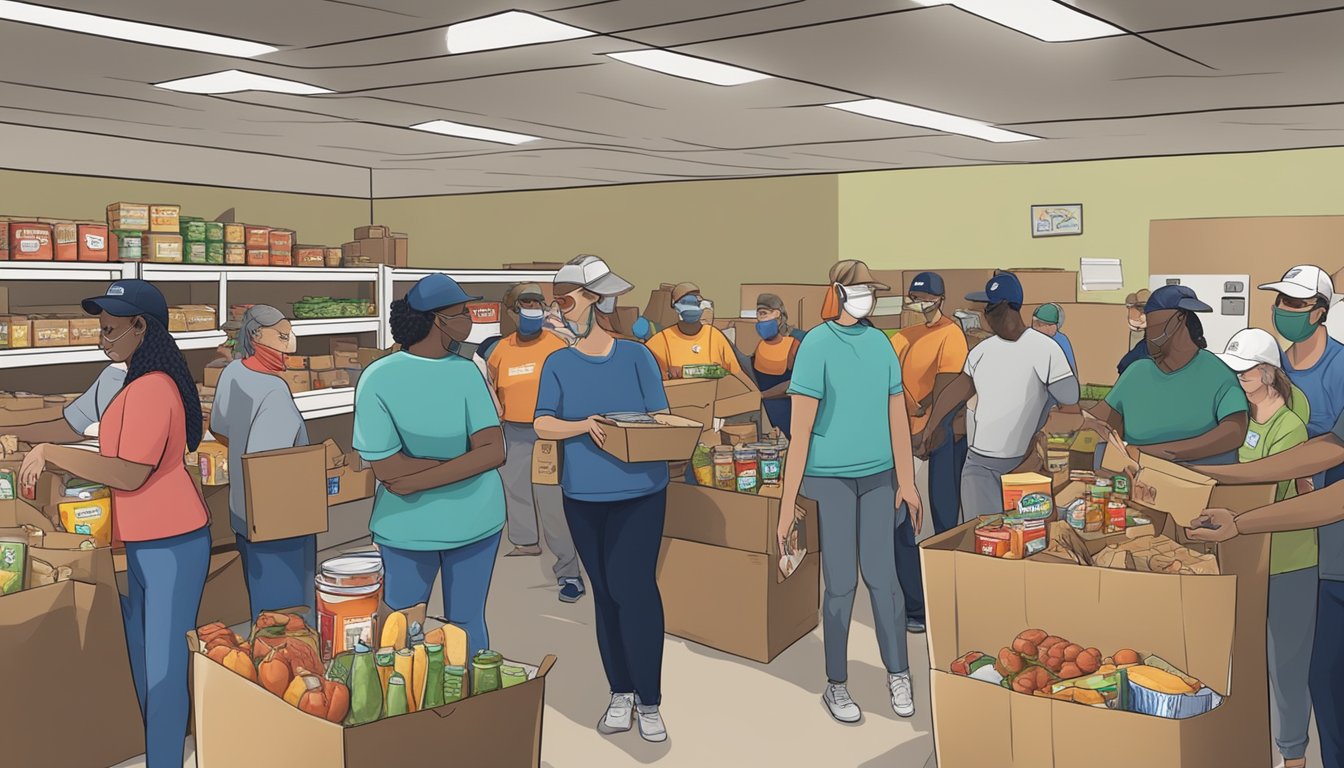 A bustling food pantry in Mason County, Texas, with volunteers distributing free groceries to those in need, supported by community and government aid