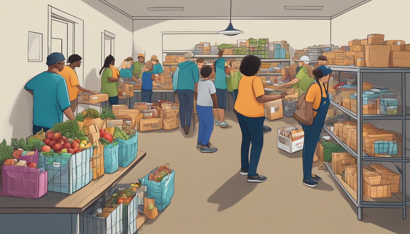 A bustling food pantry in Mason County, Texas, with volunteers distributing free groceries to those in need