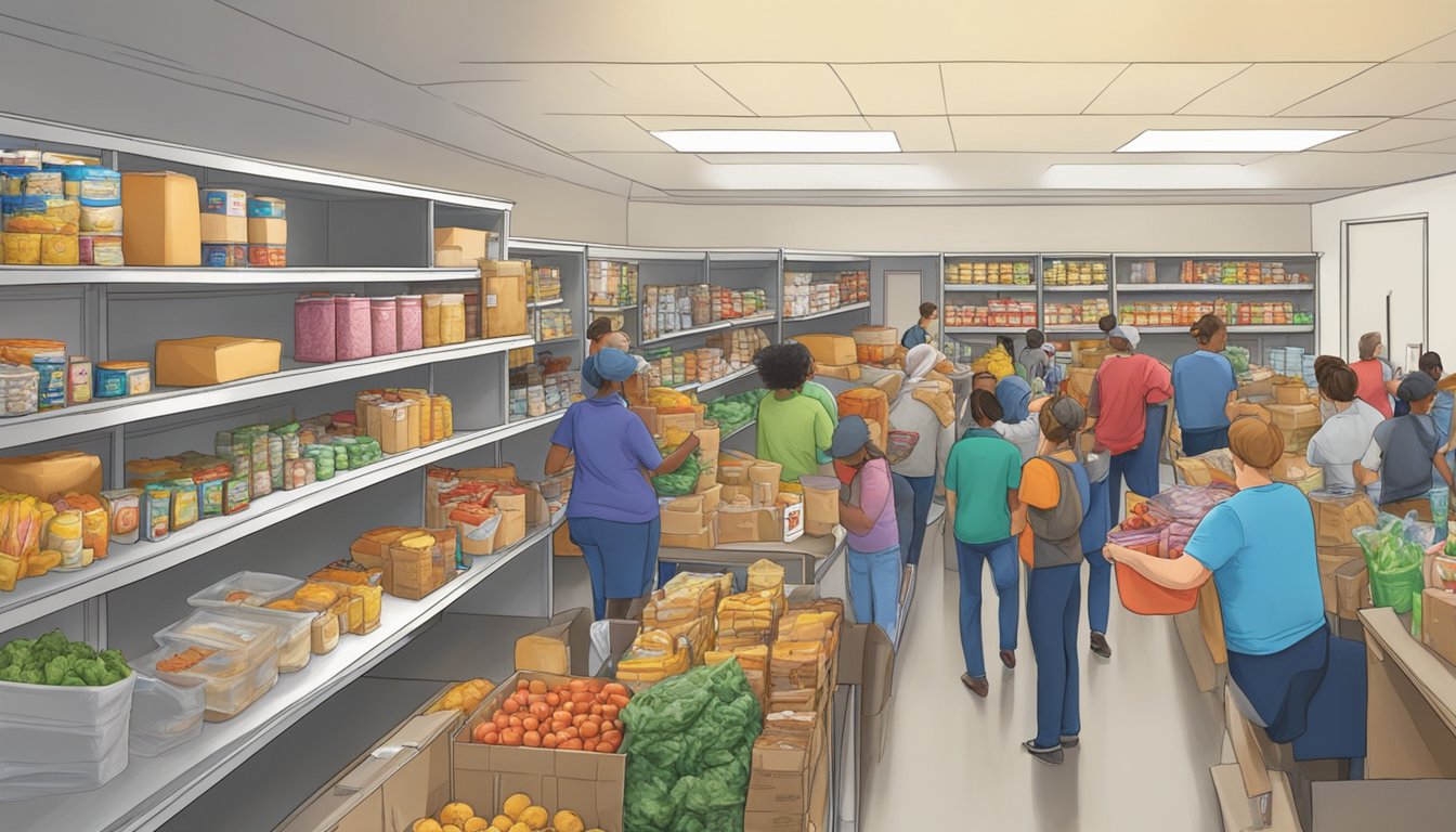 A bustling food pantry in Kaufman County, Texas, with volunteers distributing free groceries to those in need