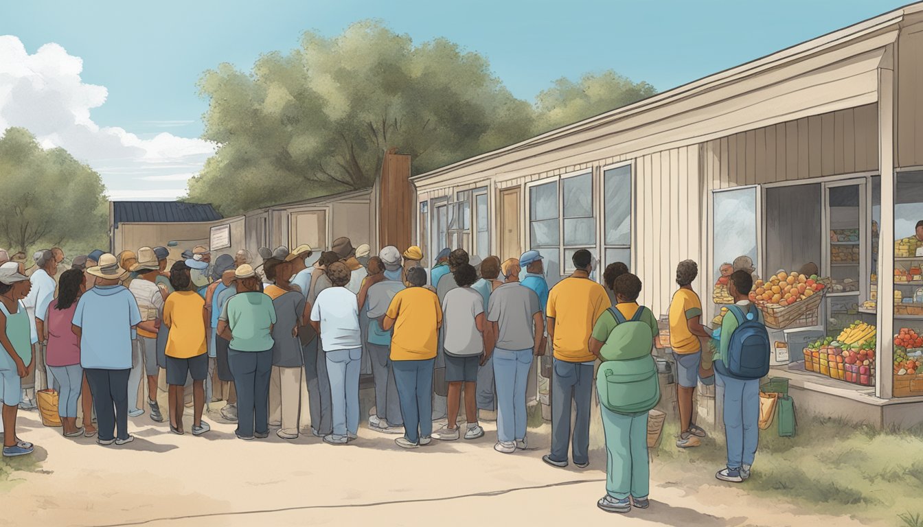 A line of people wait outside a small building, where volunteers distribute free groceries and food items in McMullen County, Texas