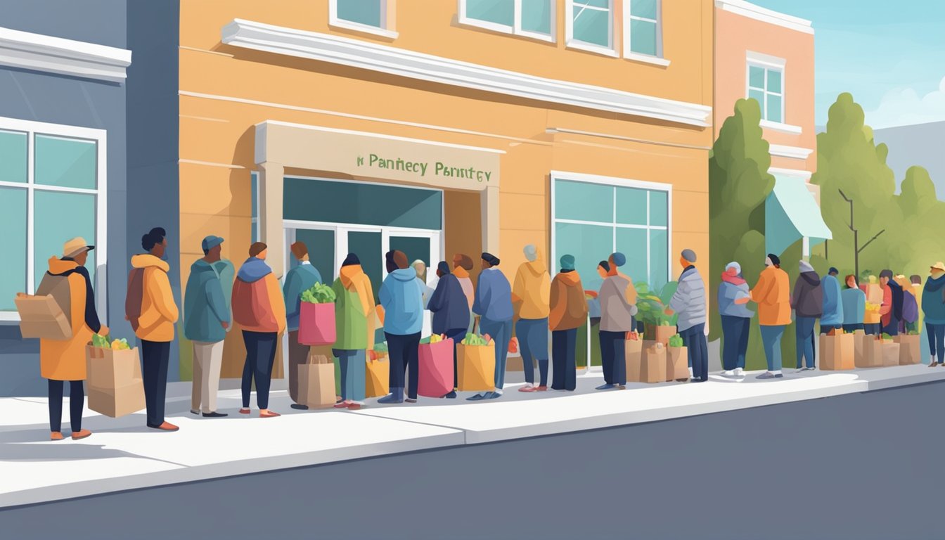 A line of people waiting outside a food pantry, with volunteers distributing groceries to those in need