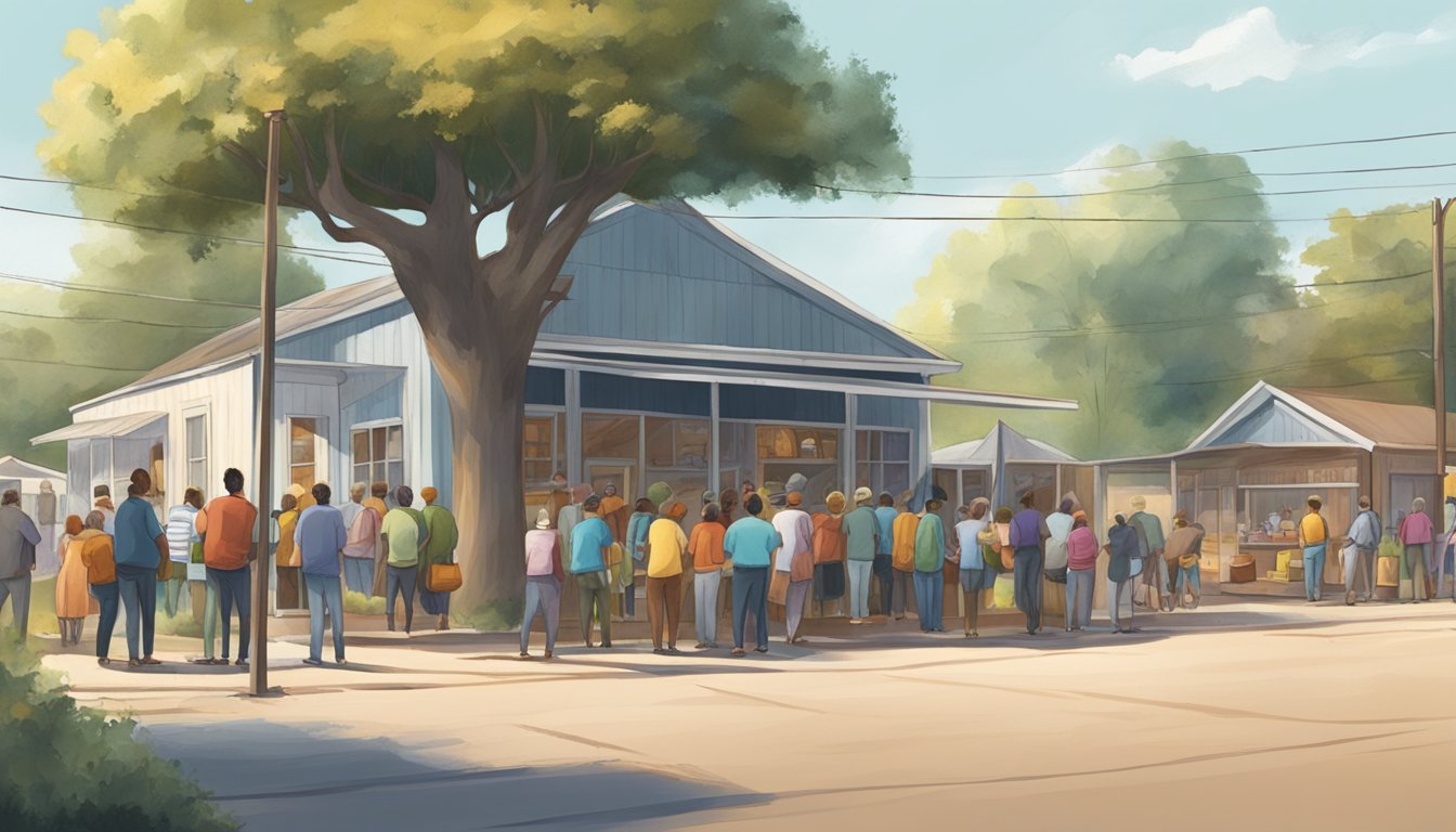 A small rural town in Texas, with a line of people waiting outside a building. Inside, volunteers distribute free groceries and food to those in need