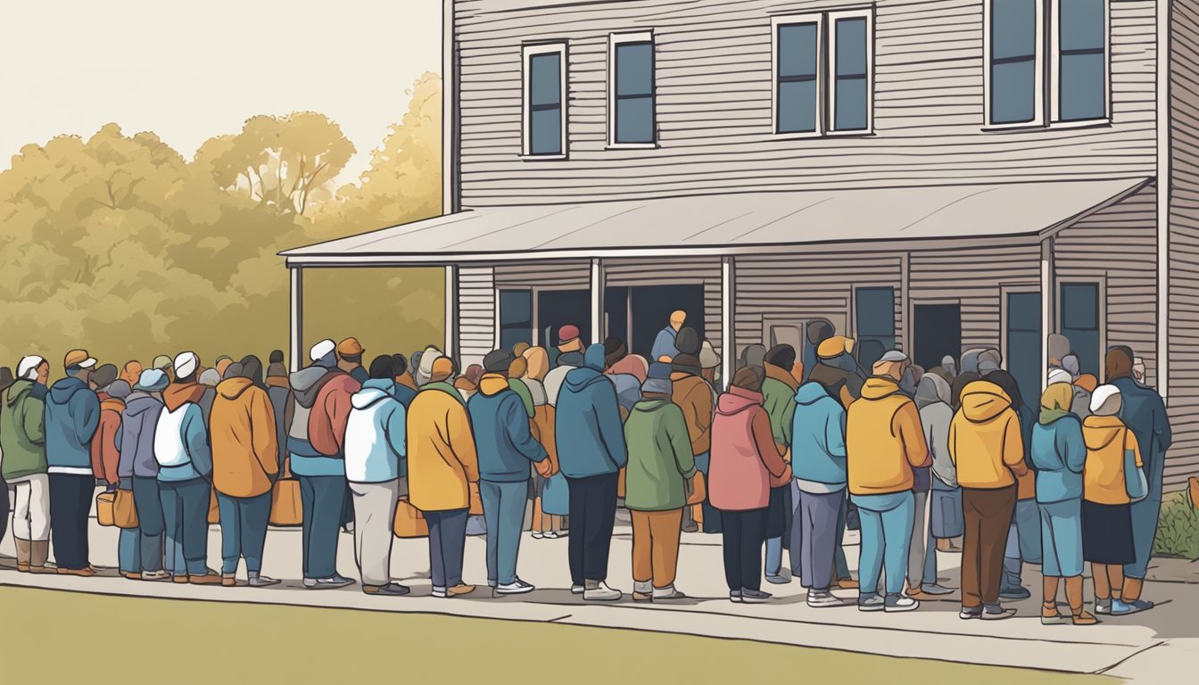 A line of people forms outside a food pantry in Kent County, Texas, as volunteers distribute free groceries to those in need