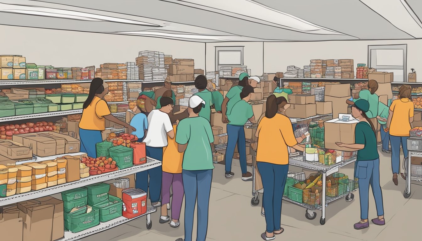 A bustling food pantry in McLennan County, Texas, with volunteers handing out free groceries to those in need