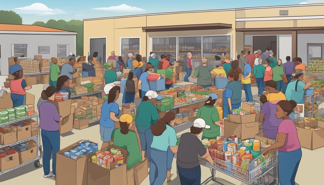 A bustling food pantry in Kent County, Texas, with volunteers distributing free groceries to those in need