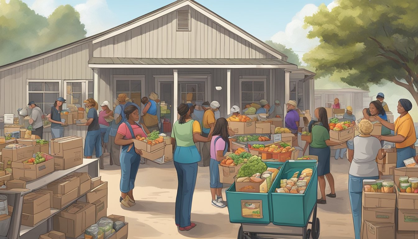 A bustling food pantry in rural Texas, with volunteers distributing free groceries to those in need