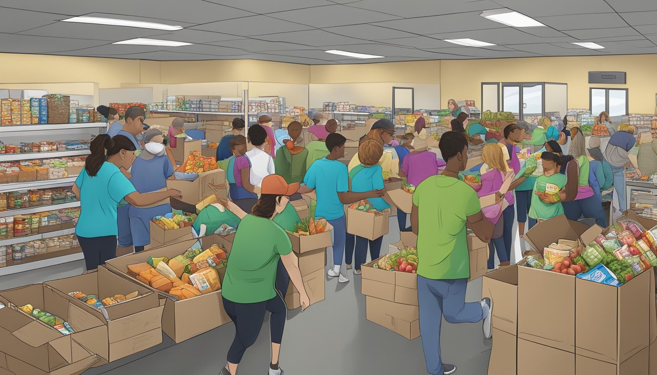 A bustling food pantry in McLennan County, Texas, with volunteers distributing free groceries to those in need