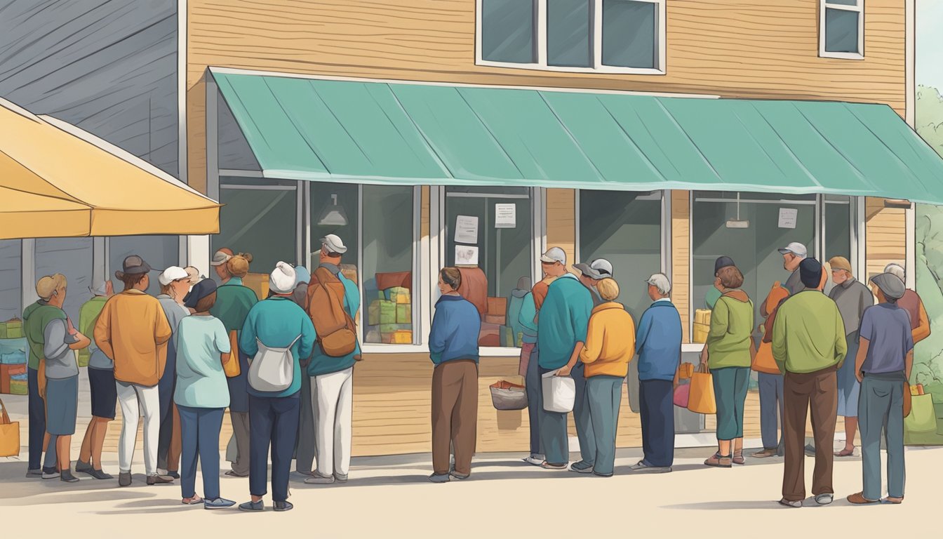 A line of people waiting outside a small food pantry in a rural Texas town, with volunteers handing out bags of groceries