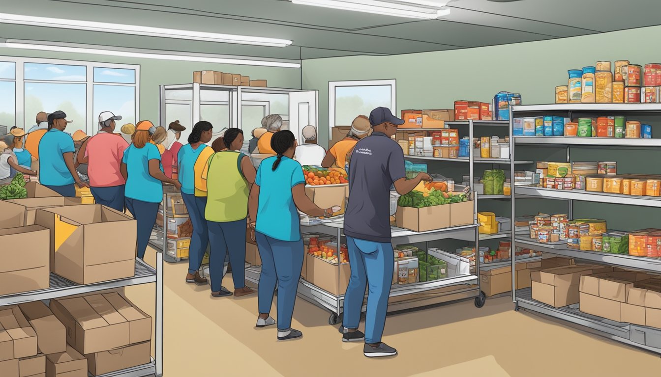 A bustling food pantry in Kent County, Texas, with volunteers handing out free groceries to those in need