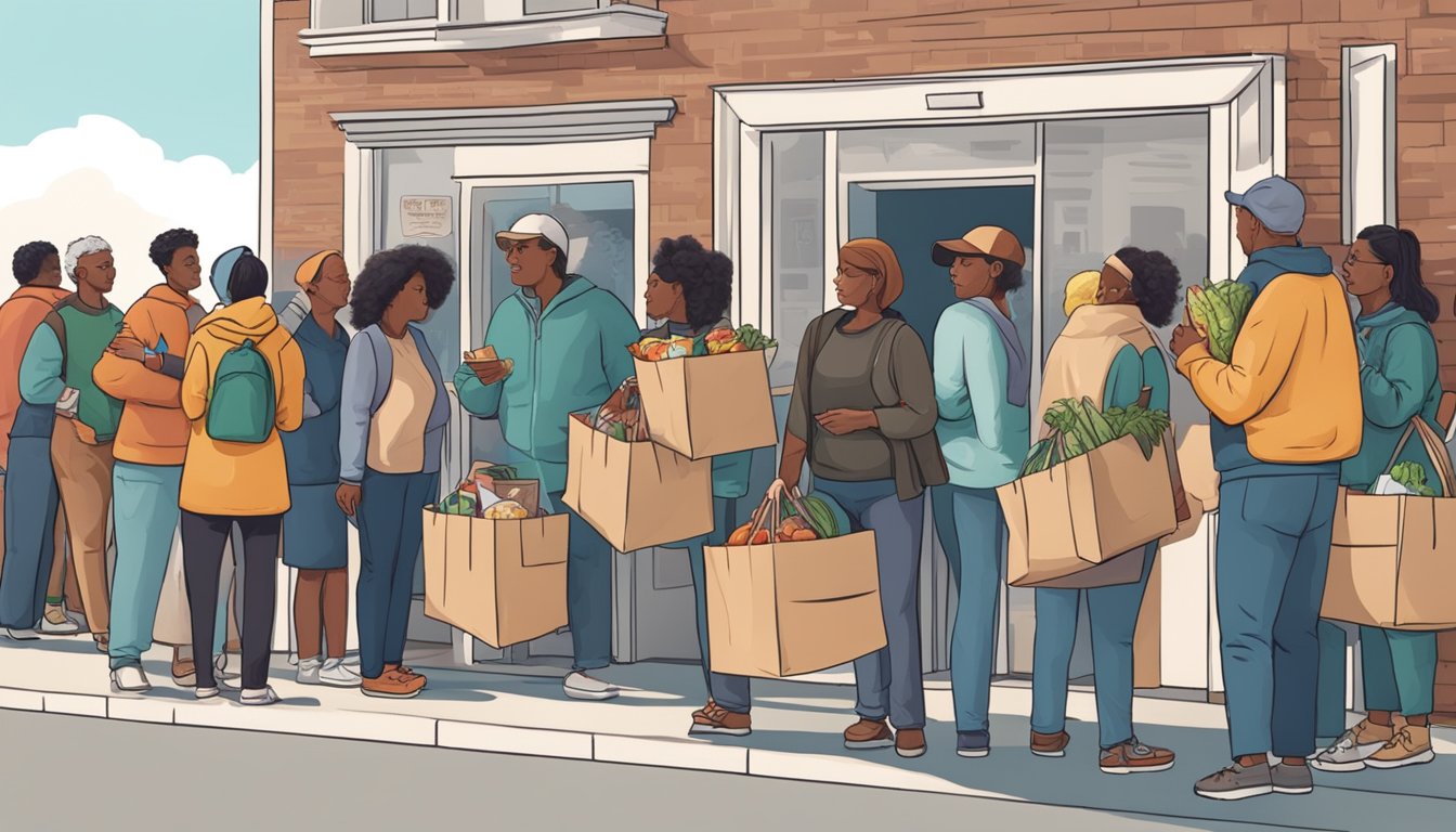 A line of people waiting outside a food pantry, with volunteers handing out grocery bags and boxes of food