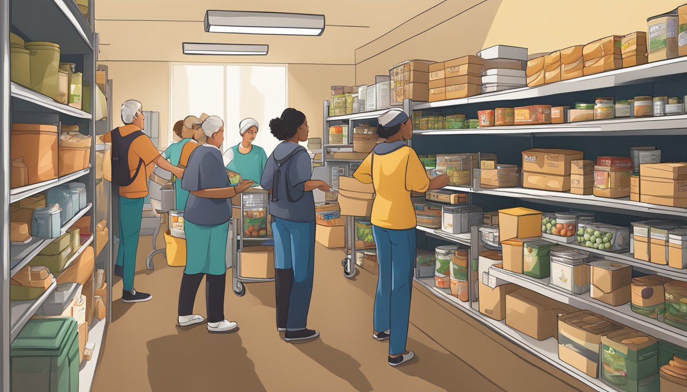 A bustling food pantry with shelves stocked with groceries, volunteers assisting clients, and a warm, welcoming atmosphere