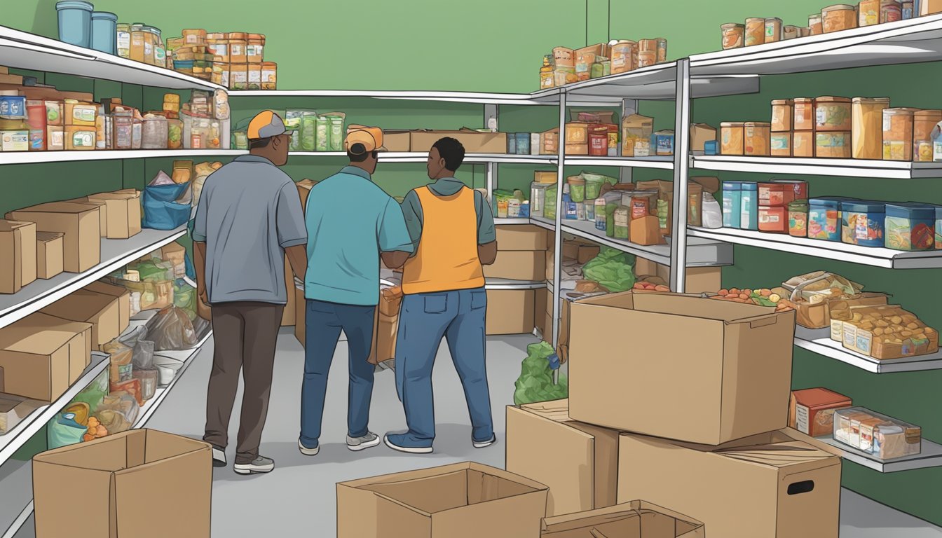 A bustling food pantry in Kent County, Texas, with volunteers distributing free groceries to those in need