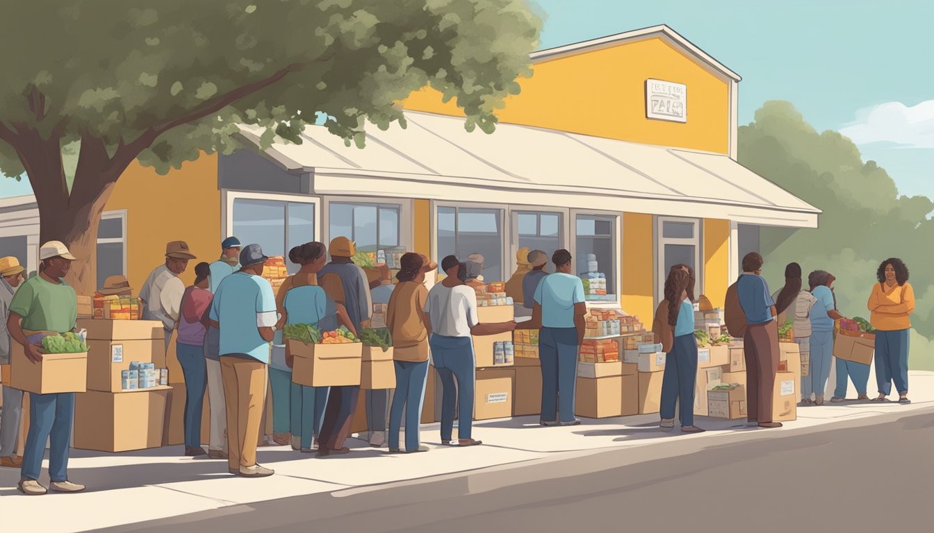 A line of people waits outside a small grocery pantry in rural Texas. Volunteers hand out boxes of food to those in need