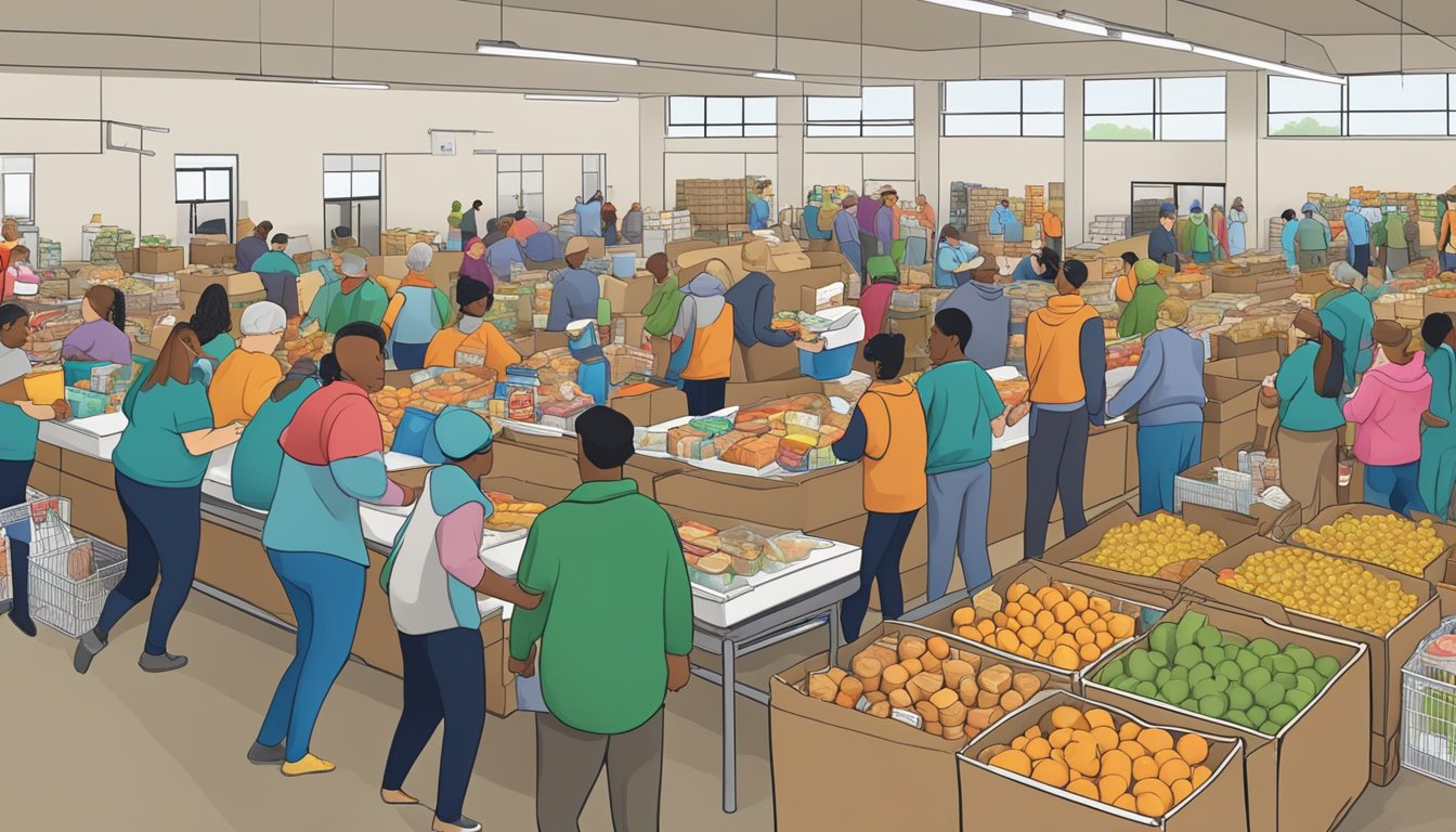 A bustling food bank in Kent County, Texas, with volunteers distributing free groceries and pantry items to those in need