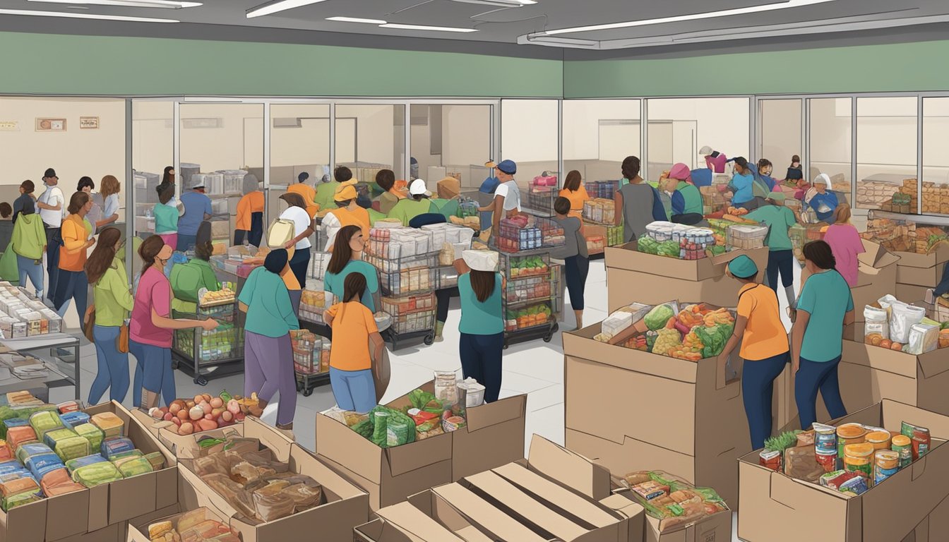 A bustling food pantry in Midland County, Texas, with volunteers distributing free groceries to those in need