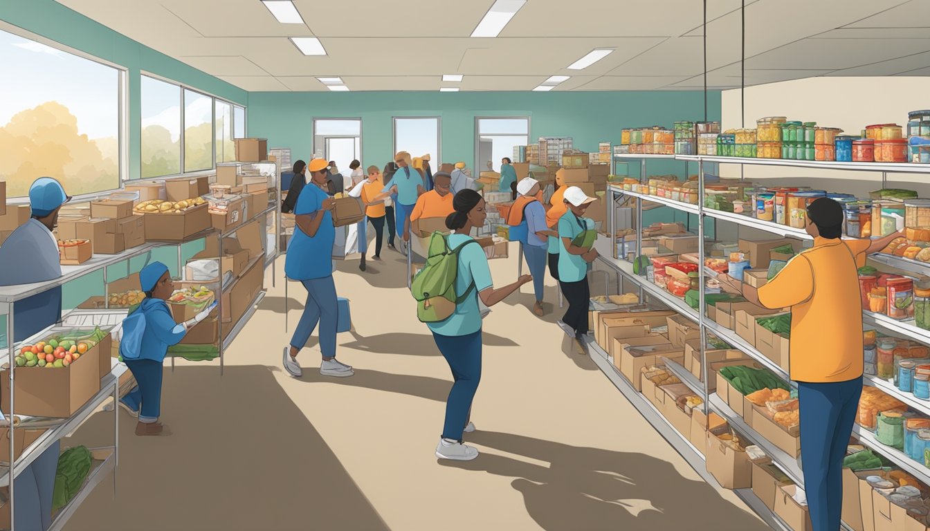 A bustling food pantry in Midland County, Texas, with volunteers distributing free groceries to those in need