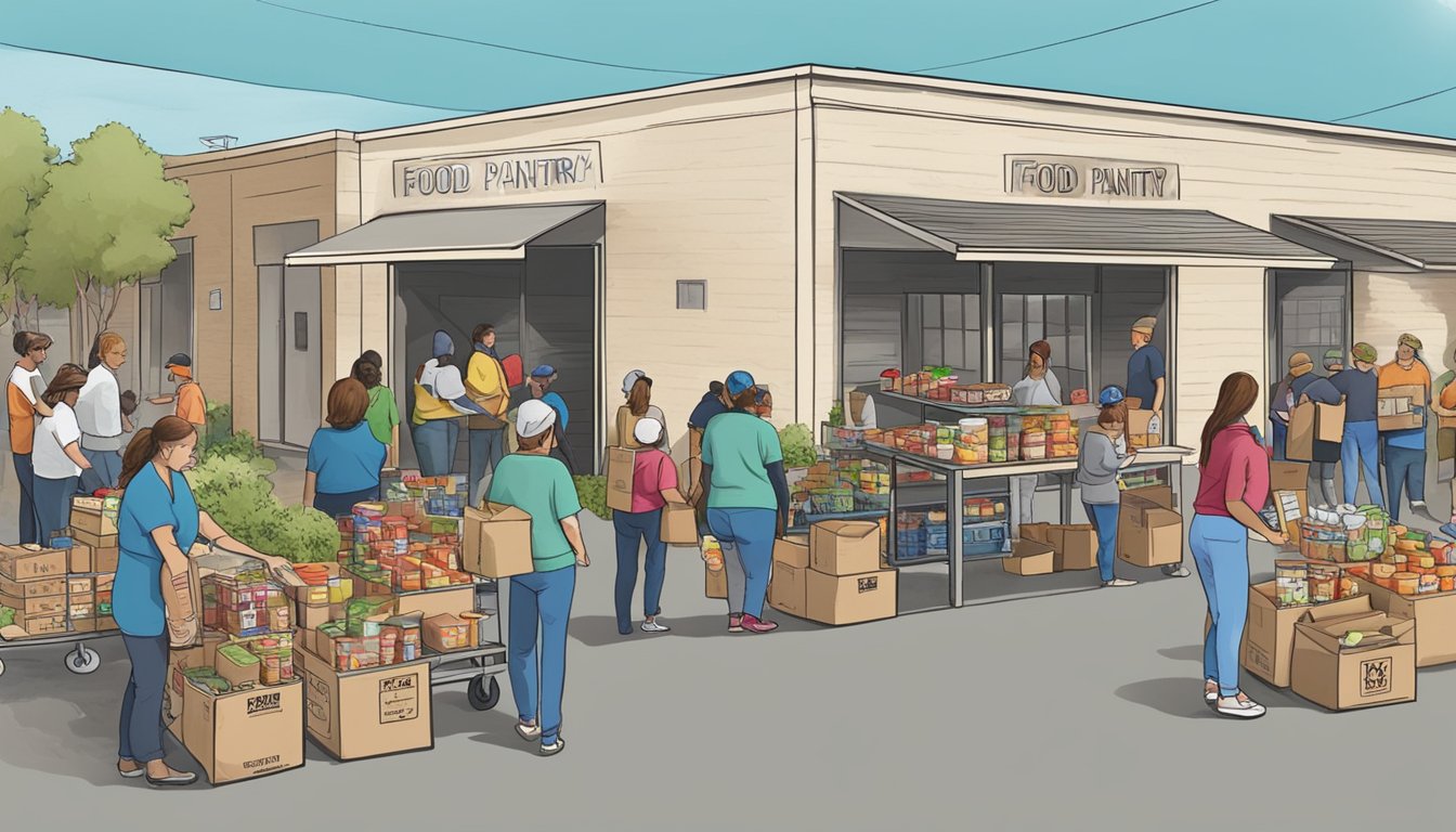 A bustling food pantry in Midland County, Texas, with volunteers distributing free groceries to residents in need