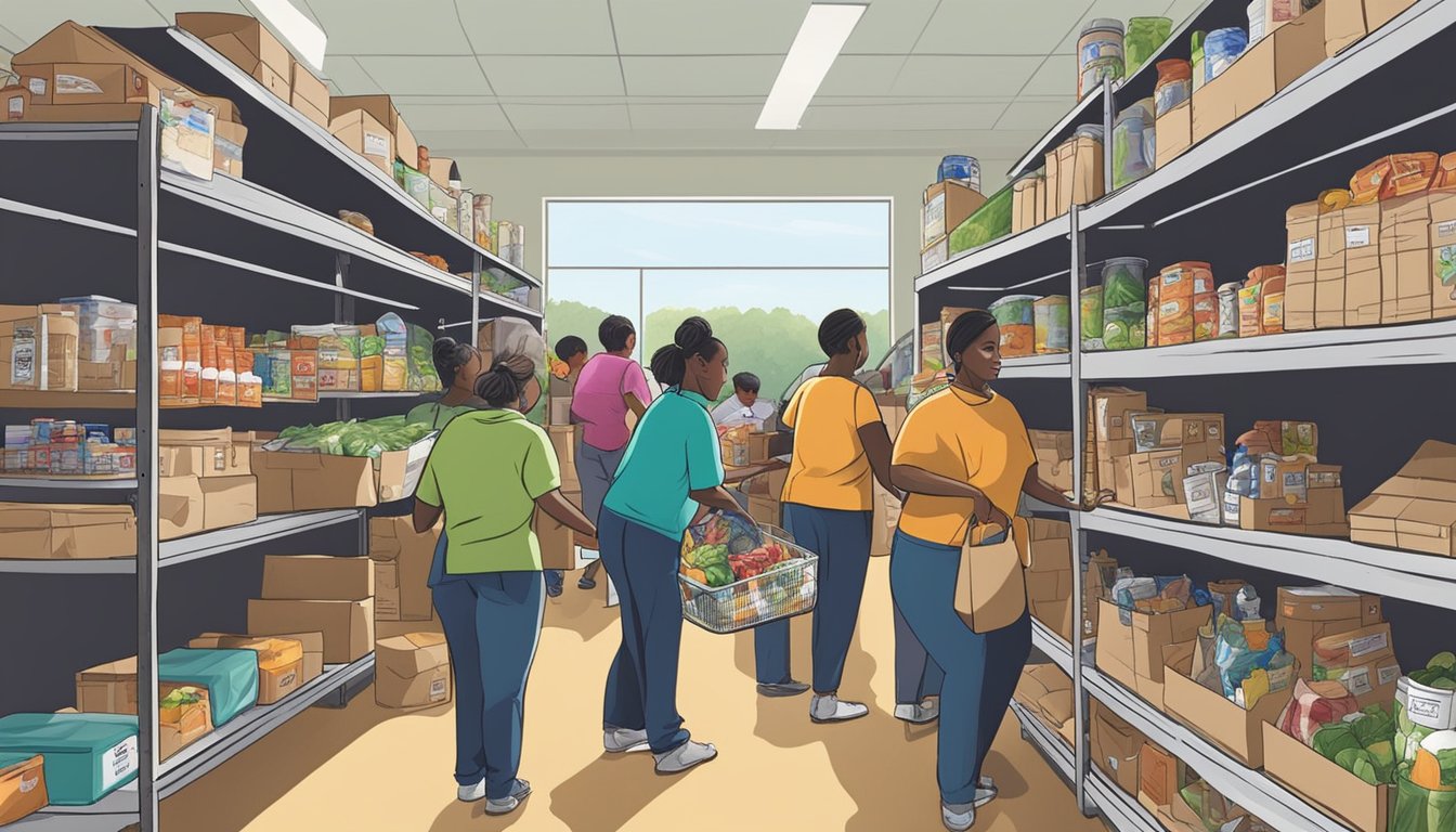 A bustling food pantry in McLennan County, Texas, with volunteers distributing free groceries to those in need