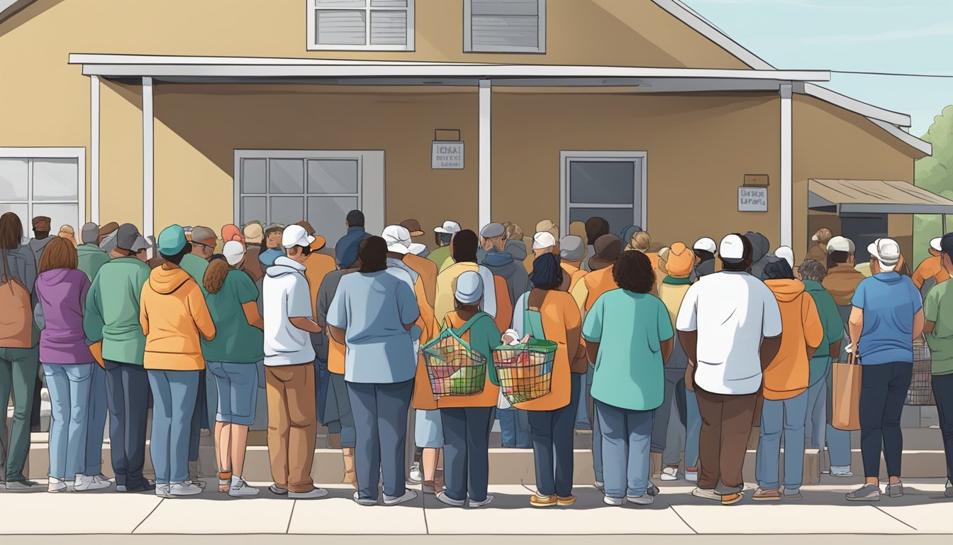 A line of people waiting outside a food pantry in McLennan County, Texas, with volunteers distributing free groceries to those in need