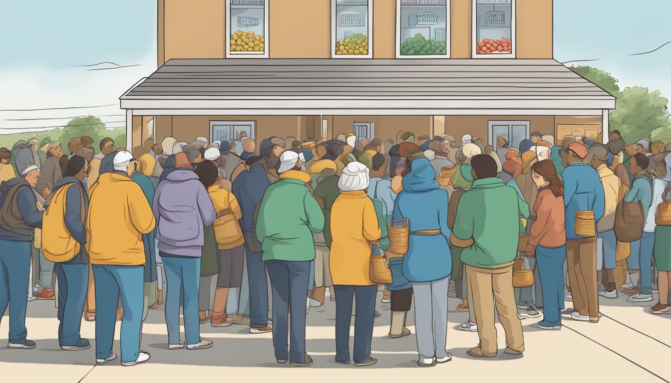 A bustling food pantry with shelves stocked with canned goods, fresh produce, and other essential items. People line up outside, waiting for their turn to receive assistance