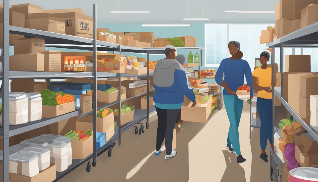 A bustling food pantry with shelves stocked full of groceries, volunteers assisting clients, and families receiving bags of free food assistance