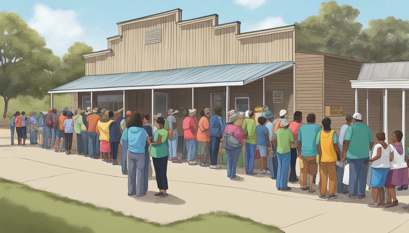 People waiting in line outside a food pantry, receiving free groceries and supplies in Mitchell County, Texas