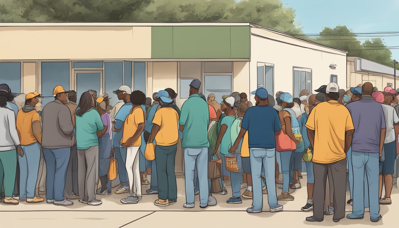 A line of people wait outside a small building, where volunteers distribute free groceries and food to those in need in Mitchell County, Texas