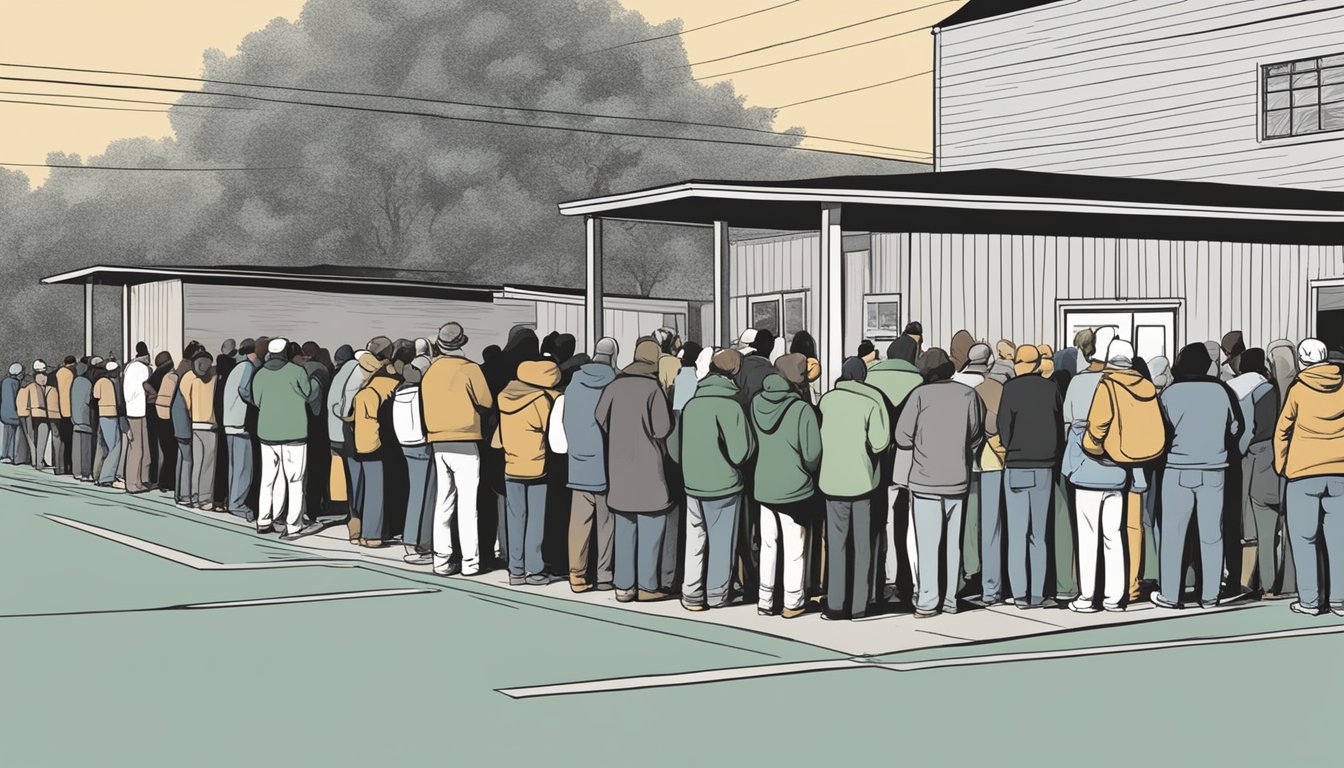 A line of people waiting outside a food pantry in King County, Texas, with volunteers distributing free groceries and support services