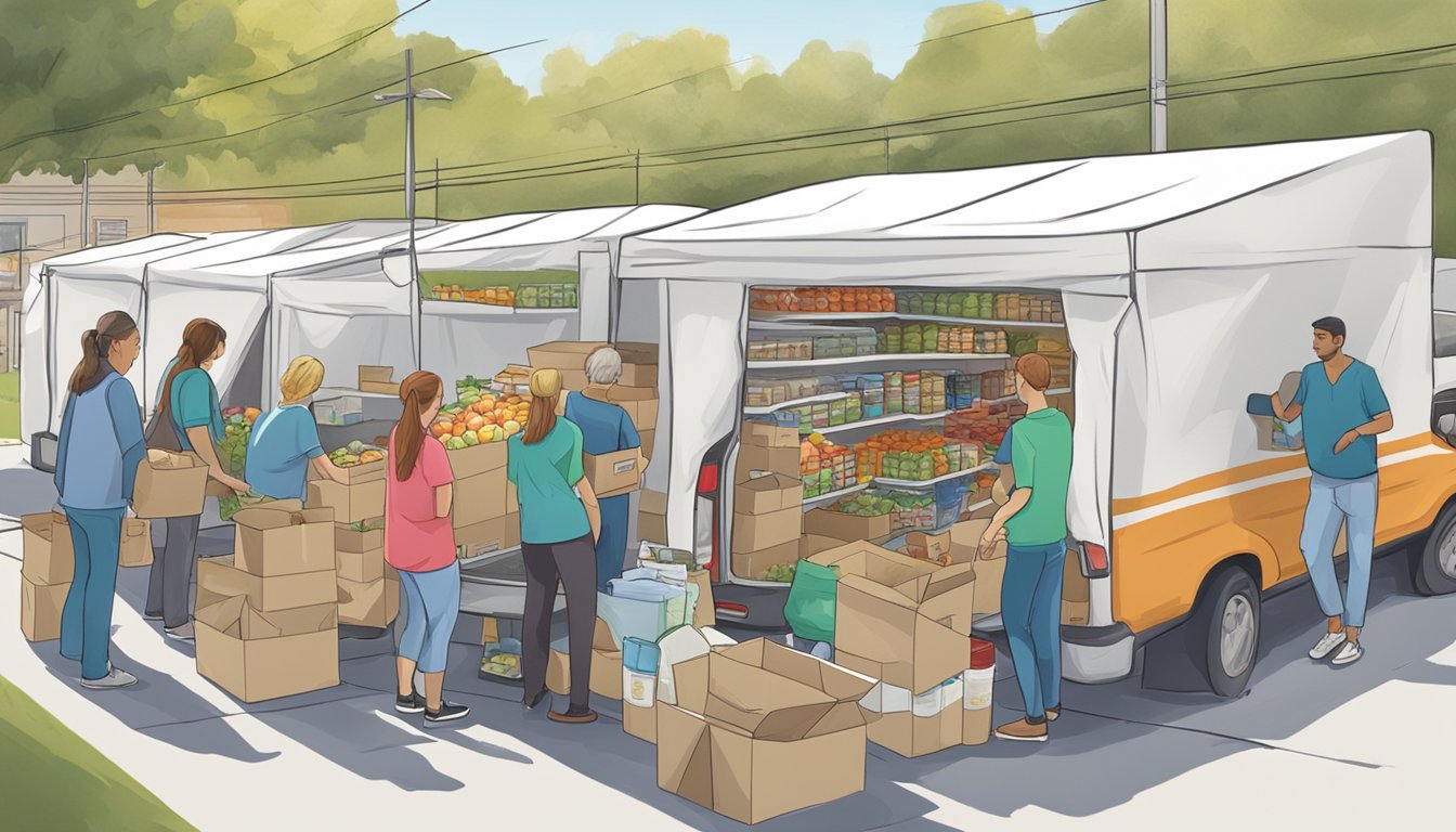 A line of cars waits at a drive-thru pantry. Volunteers load boxes of groceries into trunks. Mobile pantry tents stand nearby