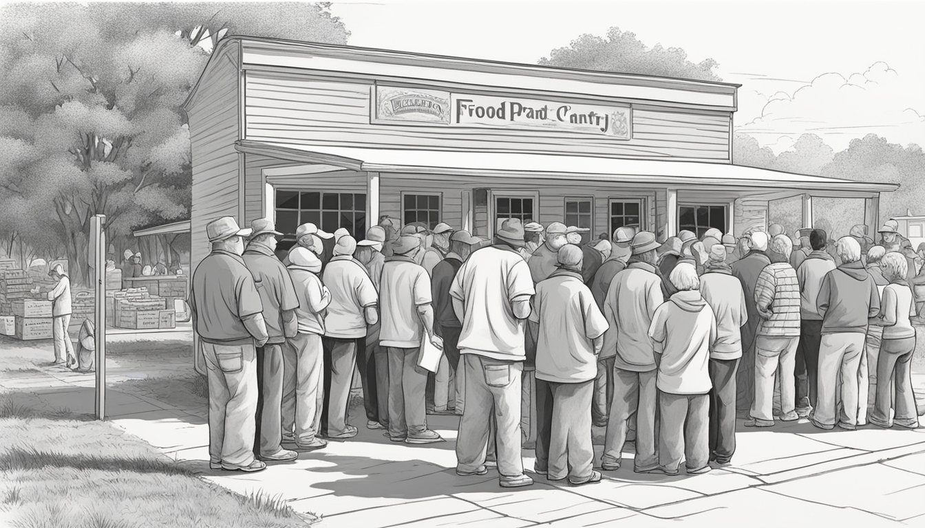 A line of people waiting outside a small food pantry in Menard County, Texas. Volunteers handing out free groceries to those in need