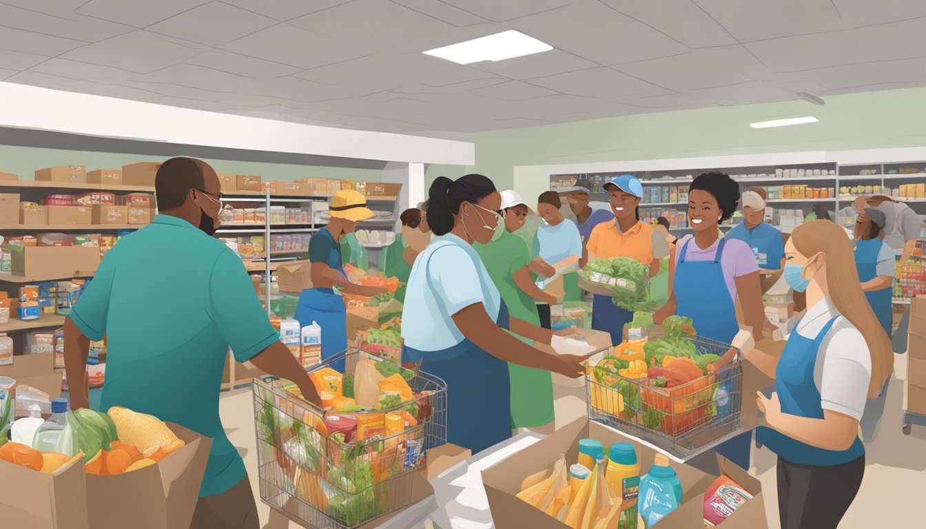 A bustling food pantry in Mitchell County, Texas, with volunteers distributing free groceries to special populations in need